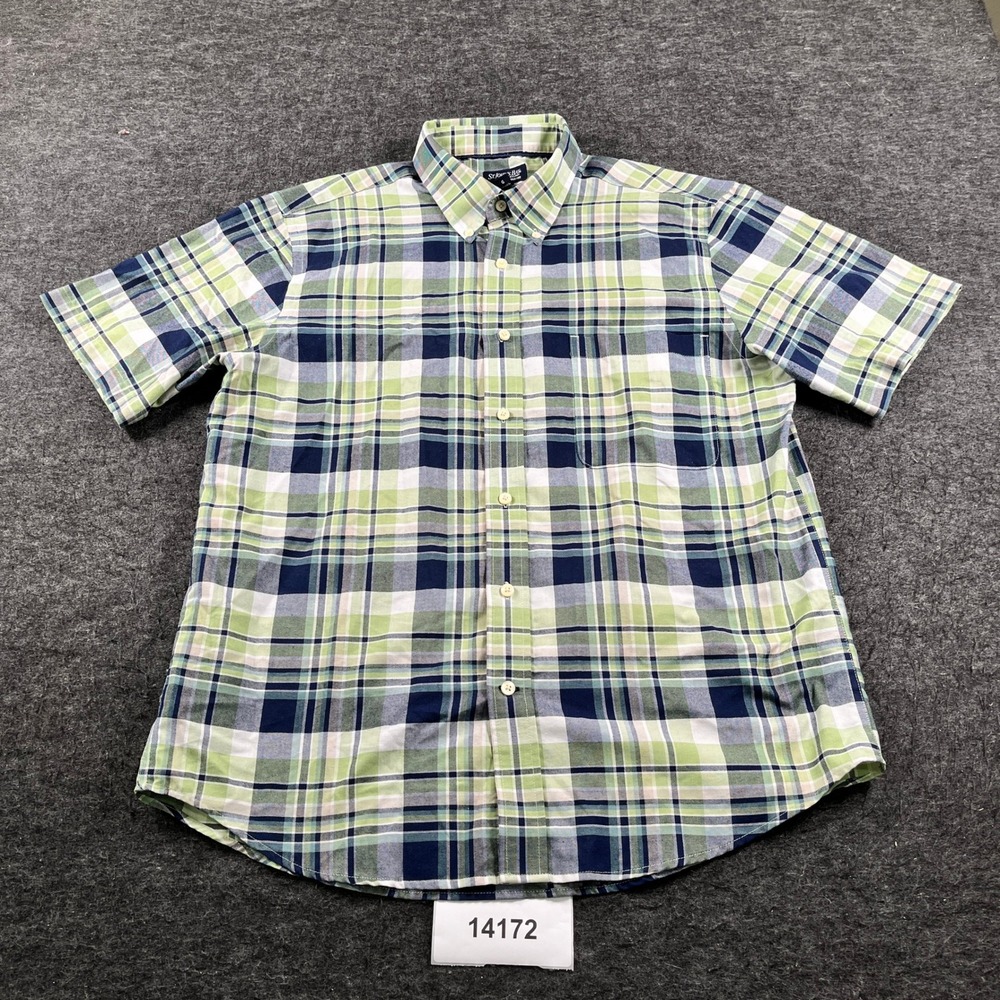 St. John's Bay Shirt Mens Large Green Blue Plaid Cotton Iron Free Button Down